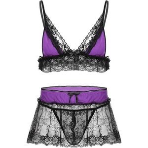 Men‘s Lingerie Set Lace Neck Skirted Thong Briefs+Deep V Bra Top Sexy Nightwear